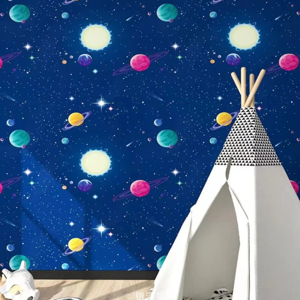 papier peint auto adhésif motif planètes bleu nuit blanc moderne chambre enfant salon