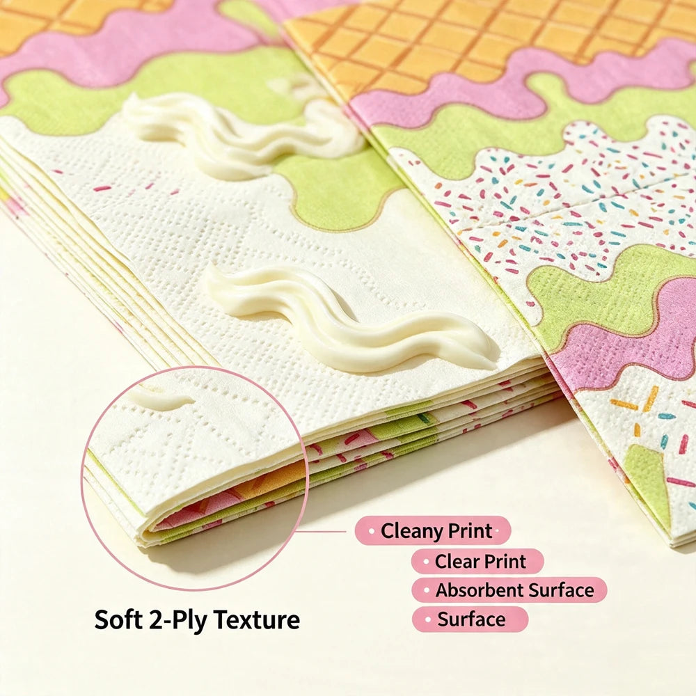serviettes papier motifs desserts pliées rose vert jaune blanc festives anniversaire enfants transparentes