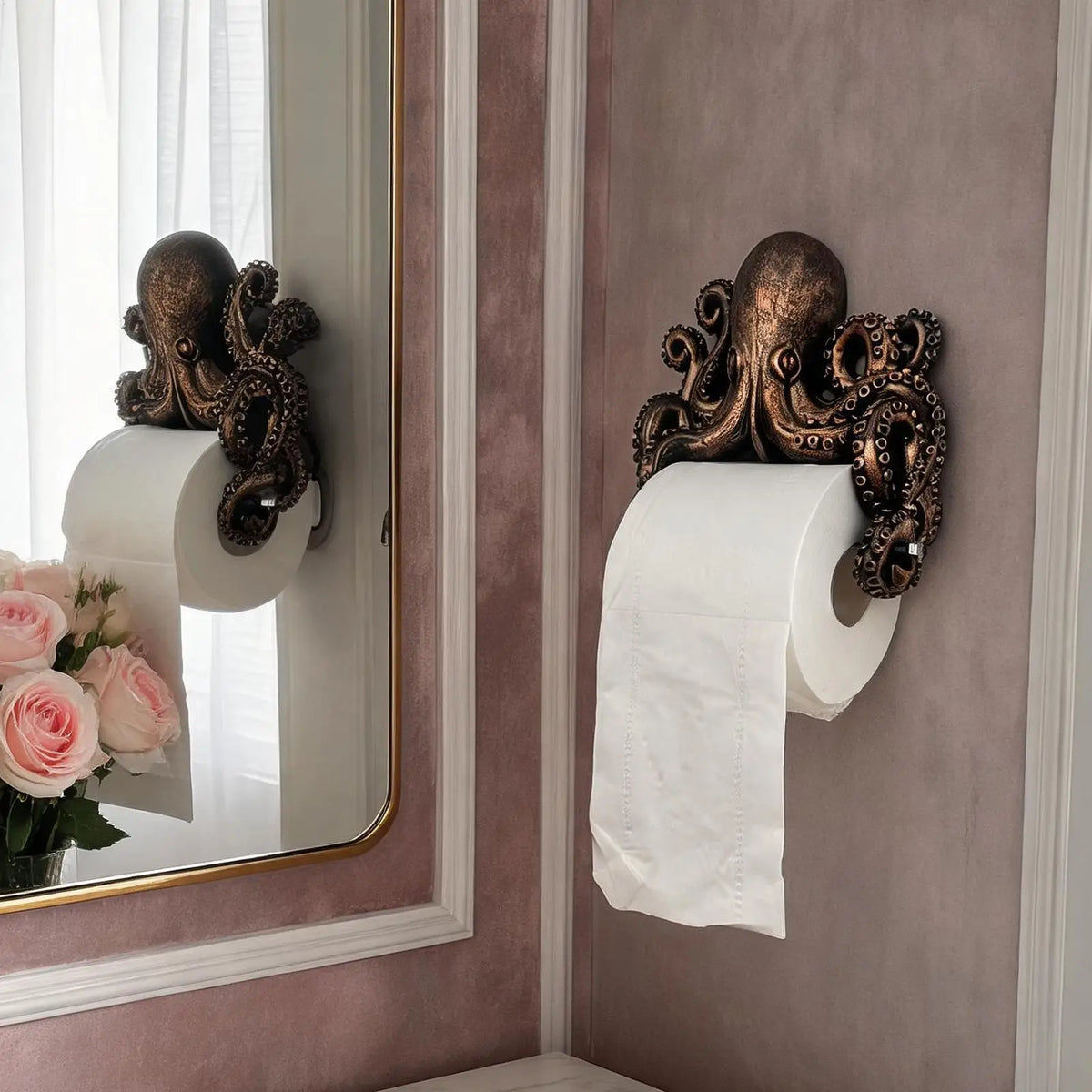 porte rouleau papier toilette forme poulpe sculpture détaillée nautique décoration salle bain bronze foncé