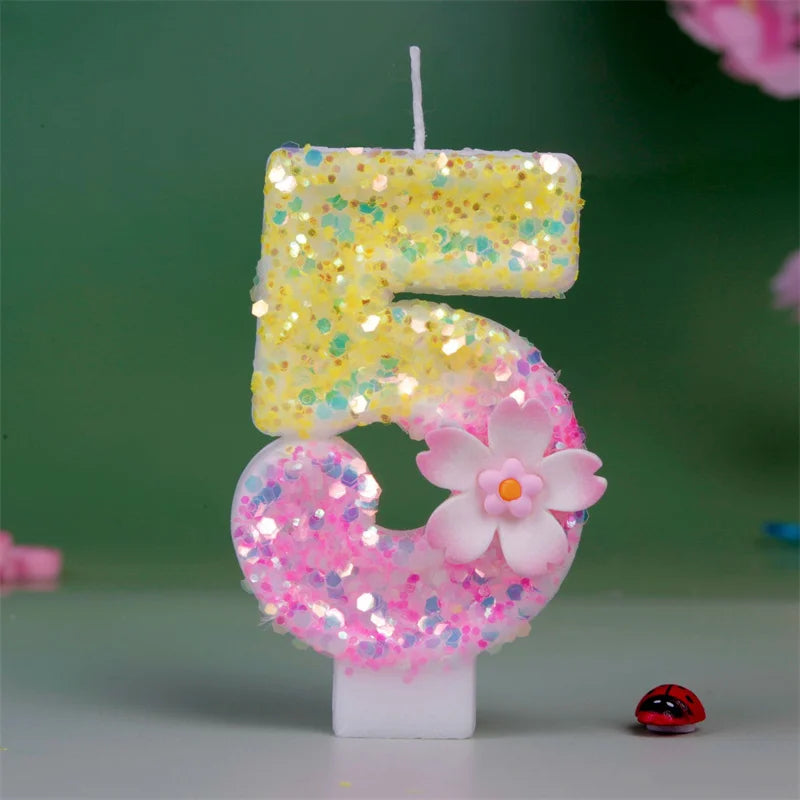 bougies numériques paillettes fleur relief anniversaire enfant décoratives jaune rose blanches