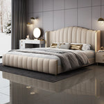 lit double moderne beige cuir texture lignes verticales tiroirs latéraux chambre bois épuré