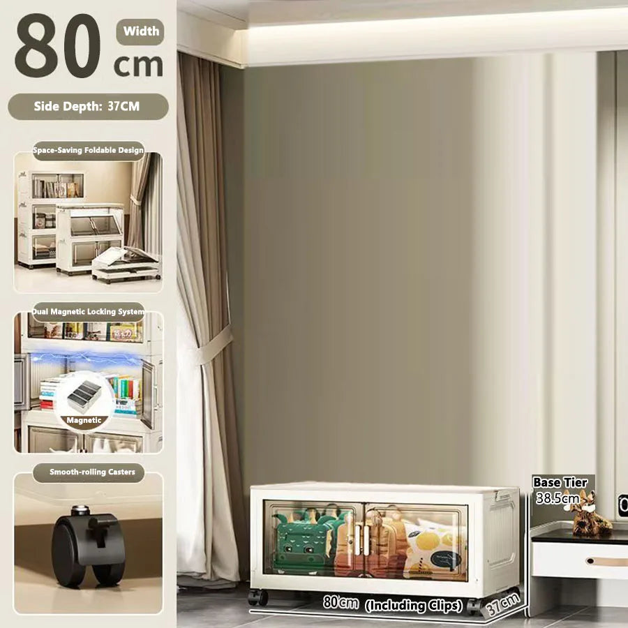 meuble rangement modulable blanc roulettes portes transparentes rayures verticales modernes