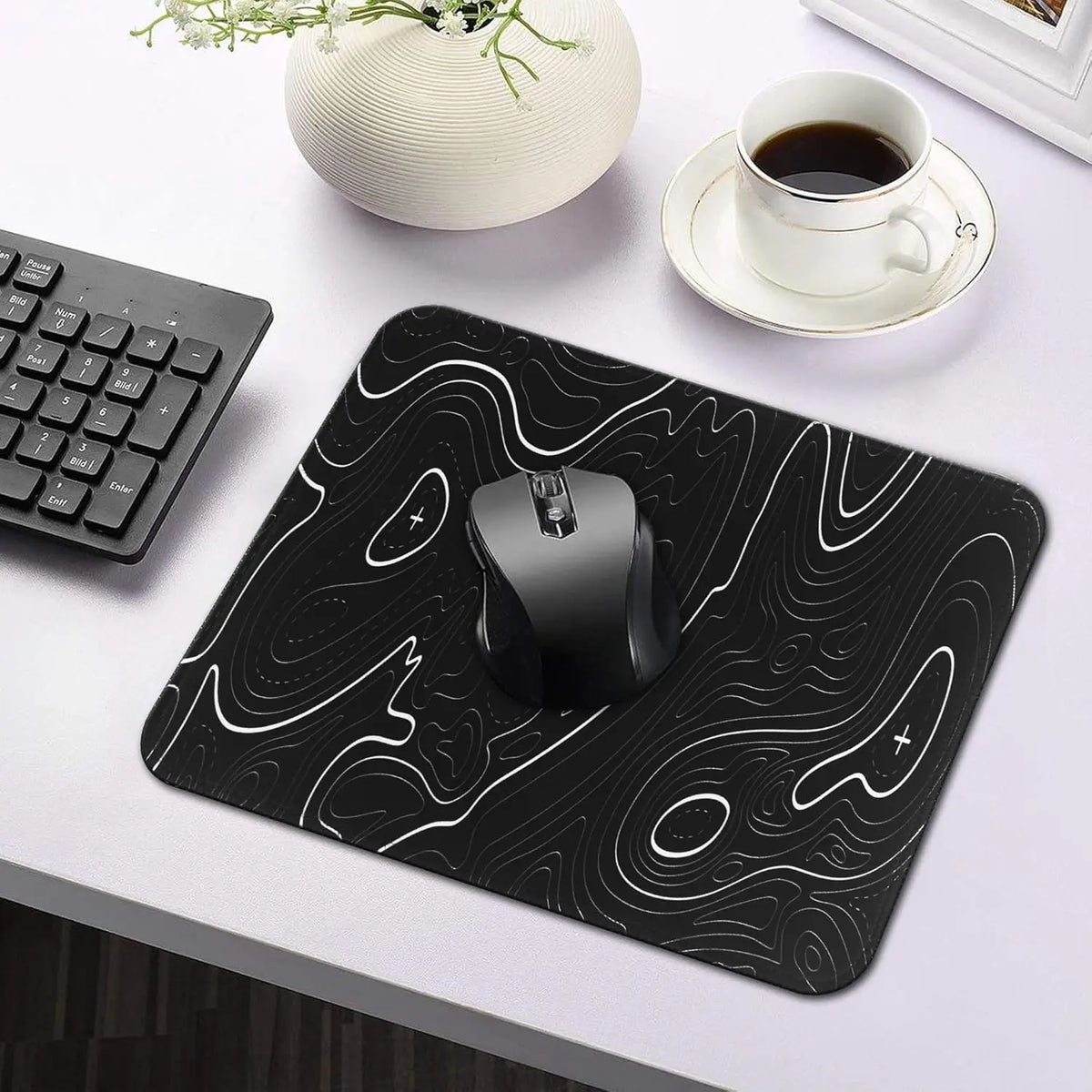 tapis souris noir blanc motif topographie anti dérapant lignes graphiques moderne gaming