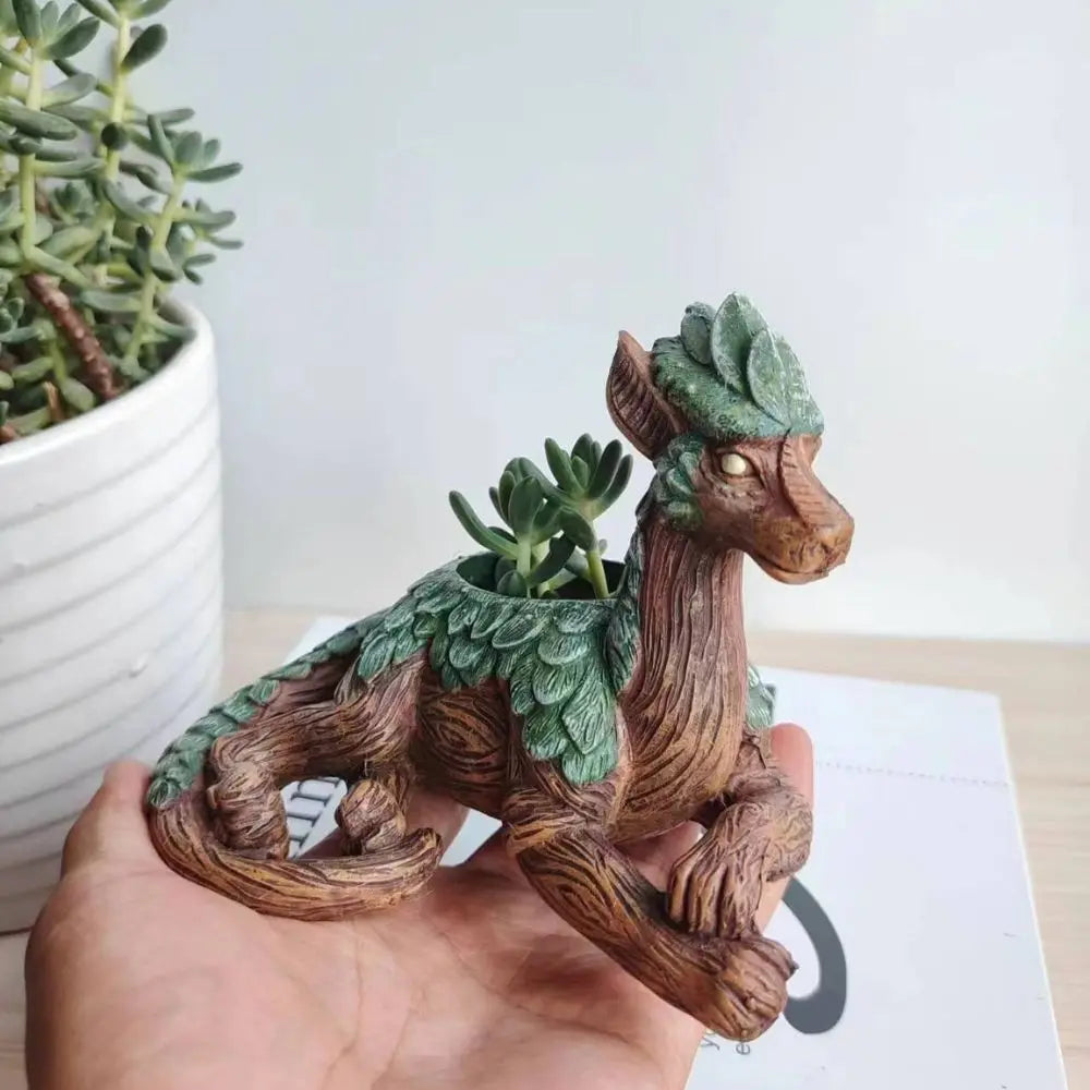 jardinière résine dragon succulentes pot fantaisie texture bois verte marron