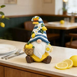 statue gnome decoratif jaune blanc marron citrons rayures chapeau barbe texturée intérieur extérieur jardin