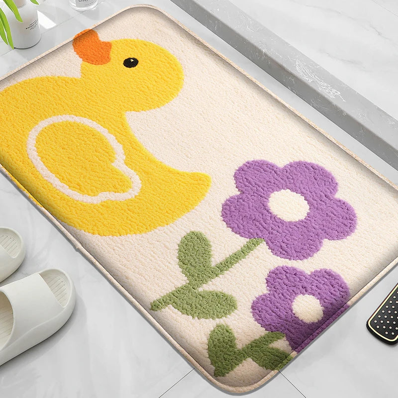 tapis sol décoratif oiseau canard fleurs ours forêt adhésif salle bain jaune vert violet