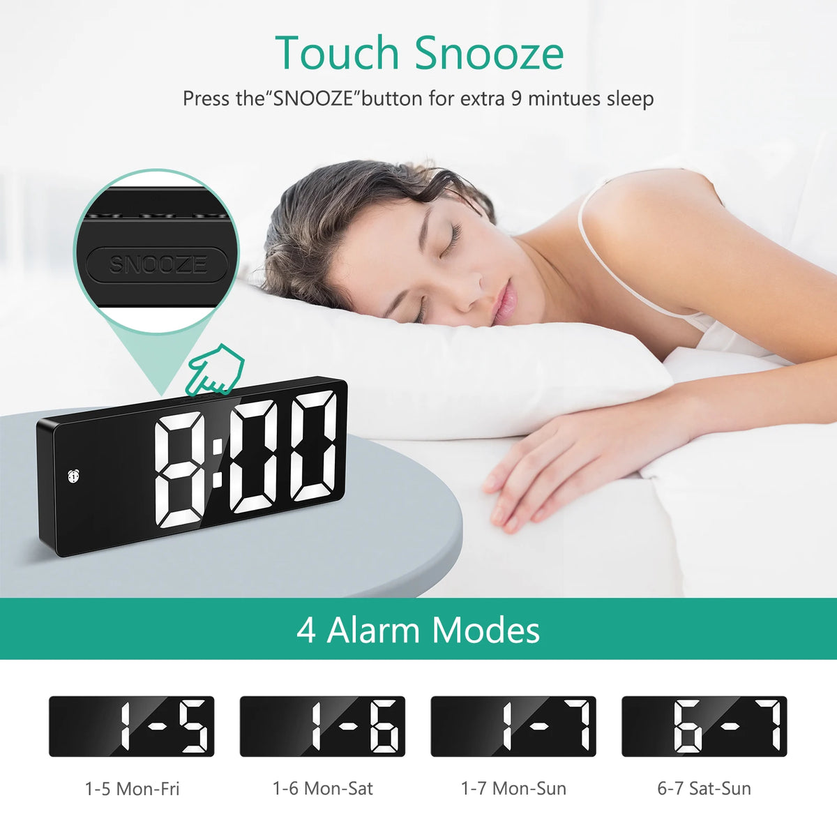 réveil numérique led moderne double alimentation alarme snooze réglage luminosité 12 24h dst mode