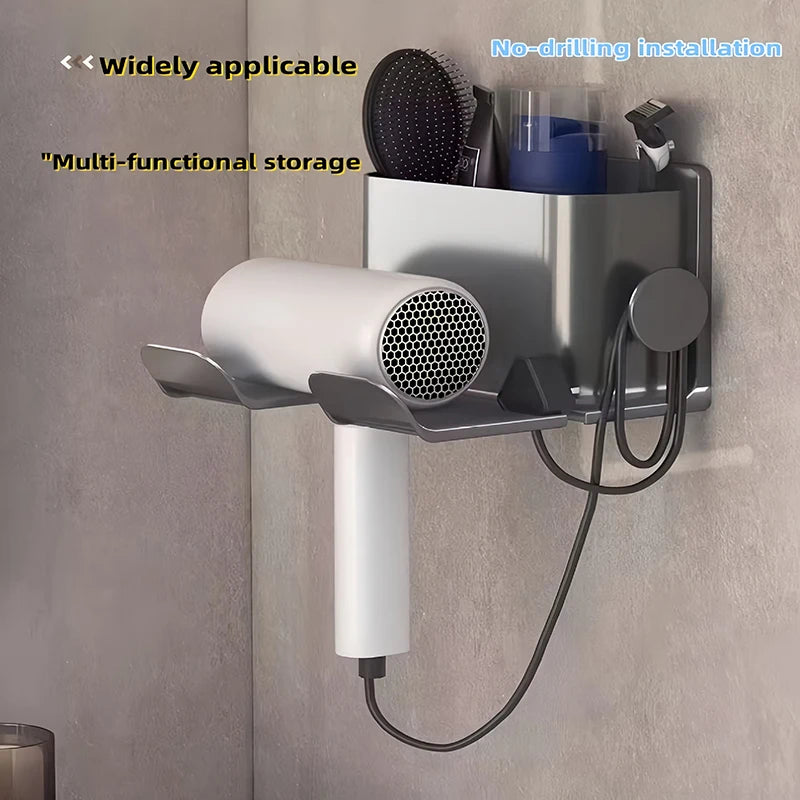 rangement sèche cheveux adhésif gris blanc moderne rotatif accessoire salle bain