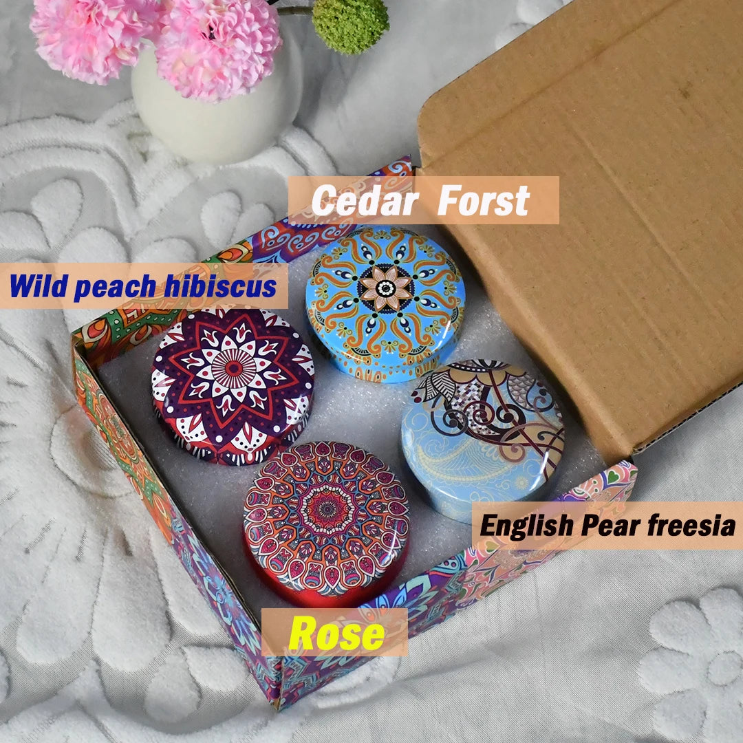 bougies parfumées boho chic motifs floraux violet blanc bleu rouge jaune pack pièces