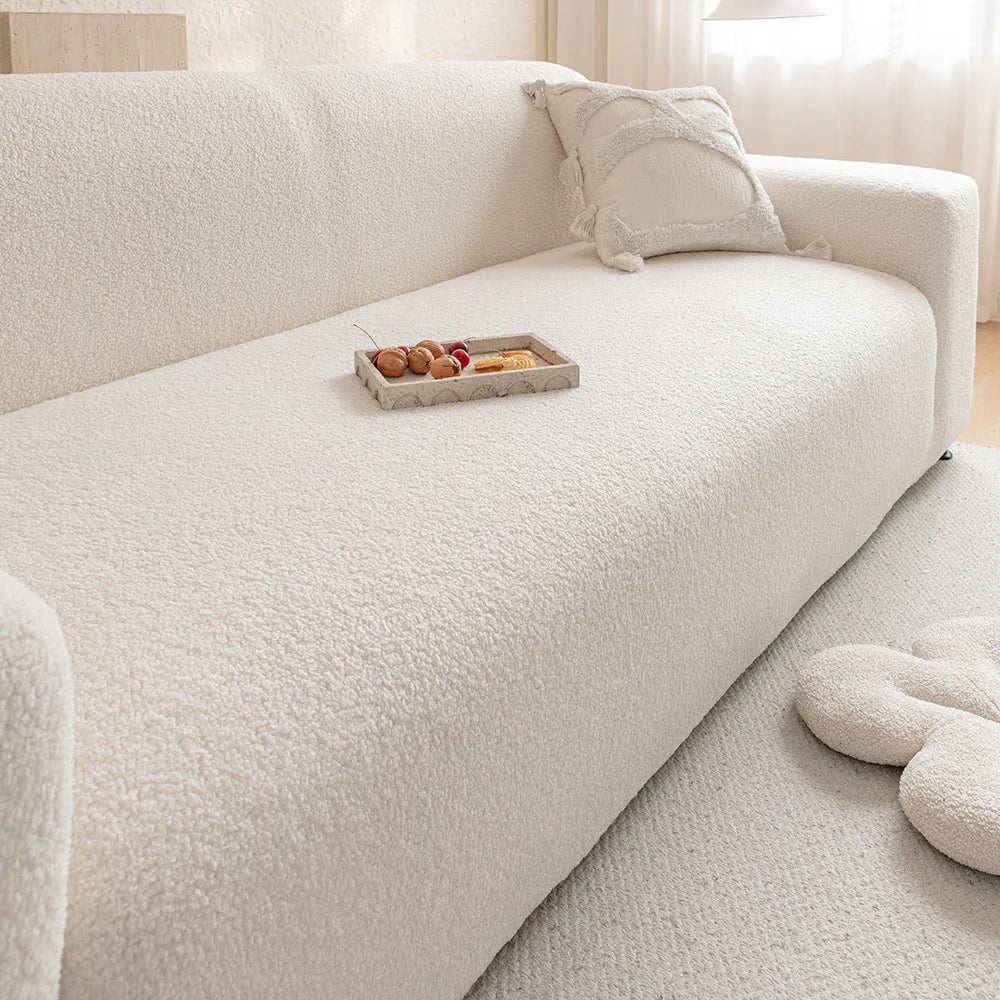 Housse canapé bouclée blanc cassé moderne anti poussière ruban adhésif lavable machine 90 300cm