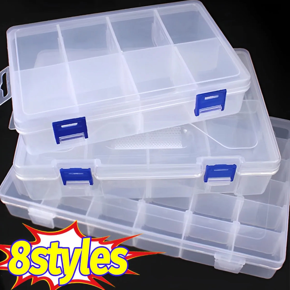 boîtes rangement bijoux transparentes poignées bleues anneau boucles doreilles modernes pratiques
