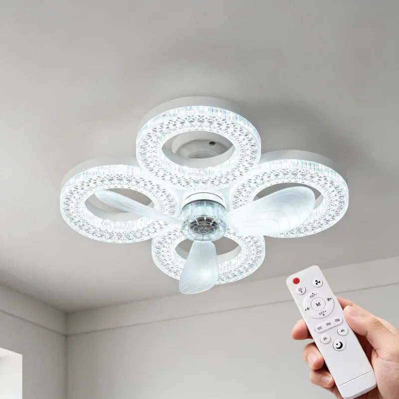 ventilateur lampe led blanc cristaux moderne télécommande 3000k 6500k 3vitesses minuterie