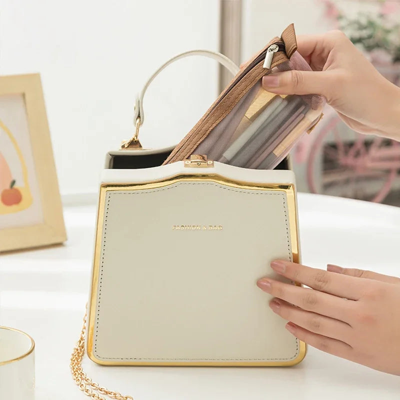 Sac cosmétiques multi usages pliable rose clair moderne poignée dorée fermeture glissière