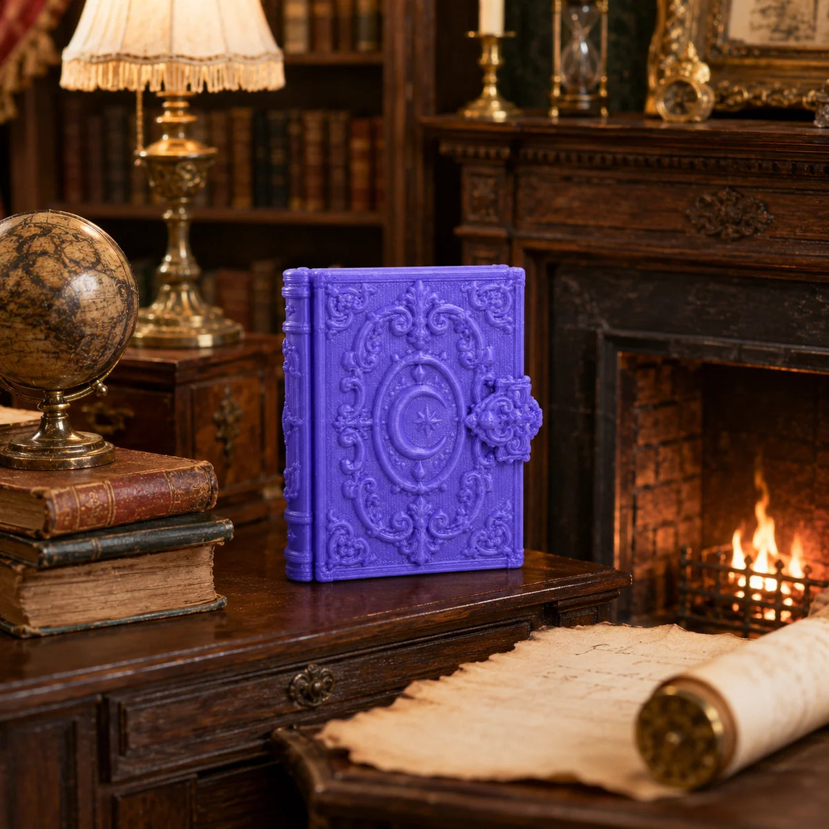 accessoires décoration miniature livre violet motifs floraux ancien magique bougies chandeliers parchemins vieux papiers