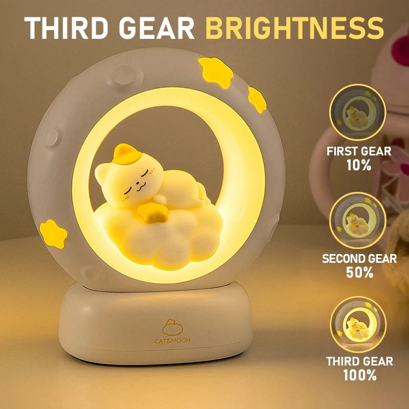 lampe table chat dormir nuages étoiles dorées lumière chaude ajustable rechargeable mignon