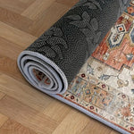 tapis bohème vintage bleu beige rouge ornements floraux bordure ornée antidérapant facile entretien