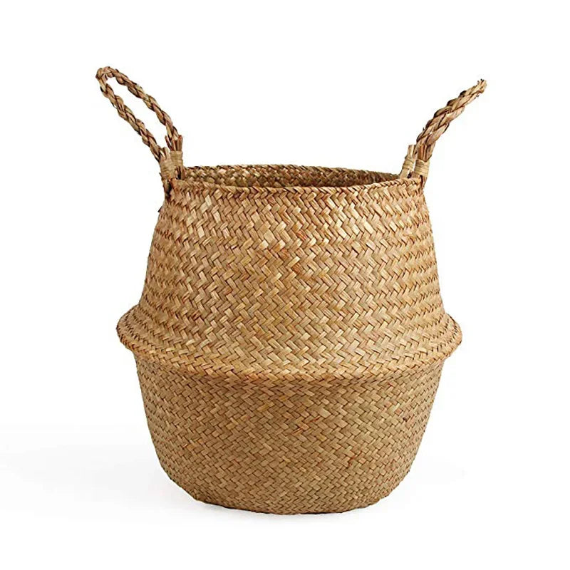 panier tressé marron blanc franges boho durable réutilisable rangement plantes écologique pliable