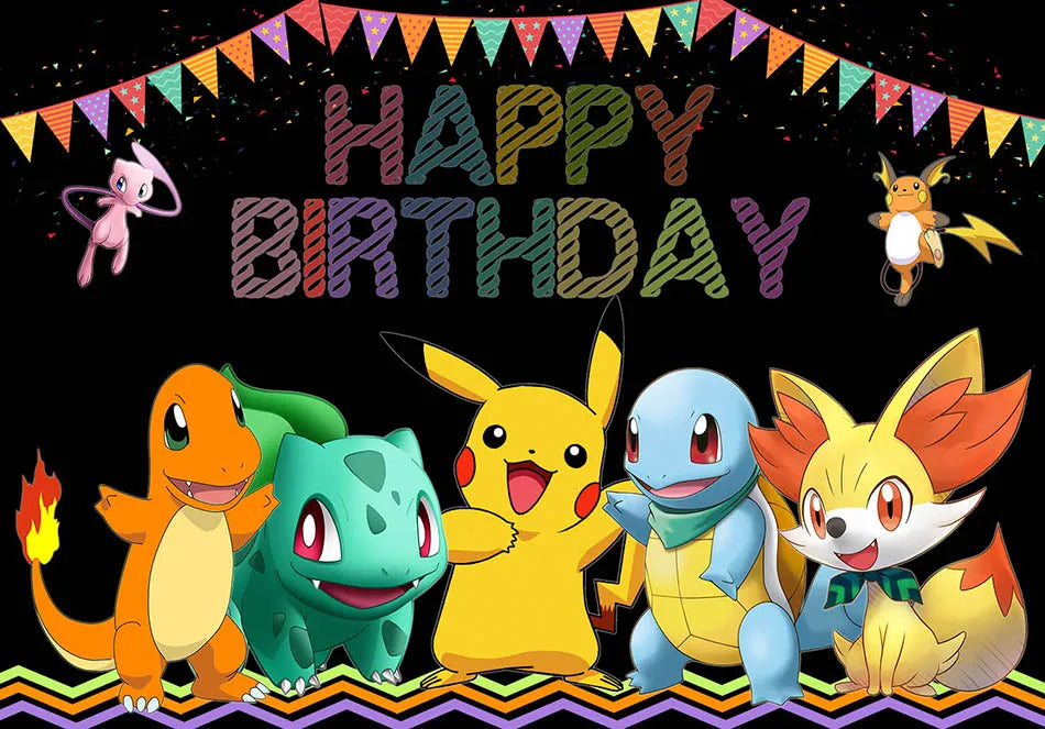 décoration anniversaire enfant pikachu happy birthday fond illustration vinyle poster Jaune Bleu