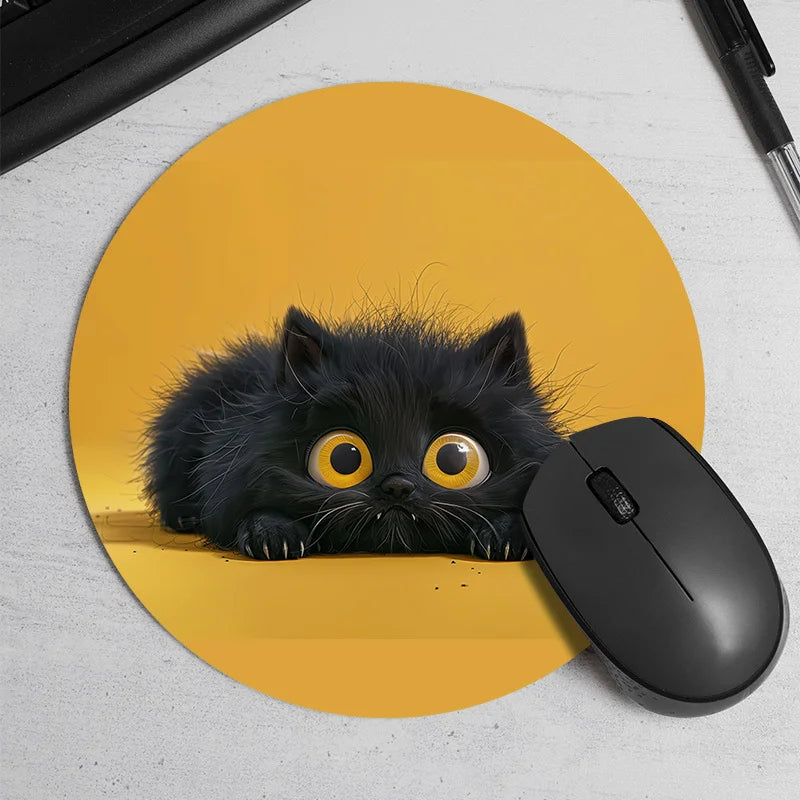 tapis souris rond chat noir yeux jaunes caoutchouc antidérapant moderne washable 22x22cm 20x20cm