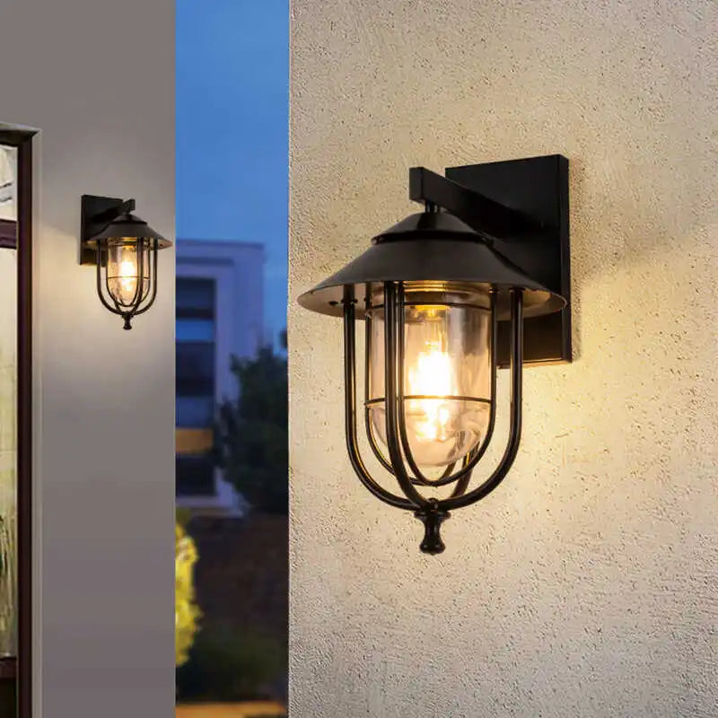 lampe murale vintage industrielle cage métallique verre transparent noir fixée mur plaque fixation