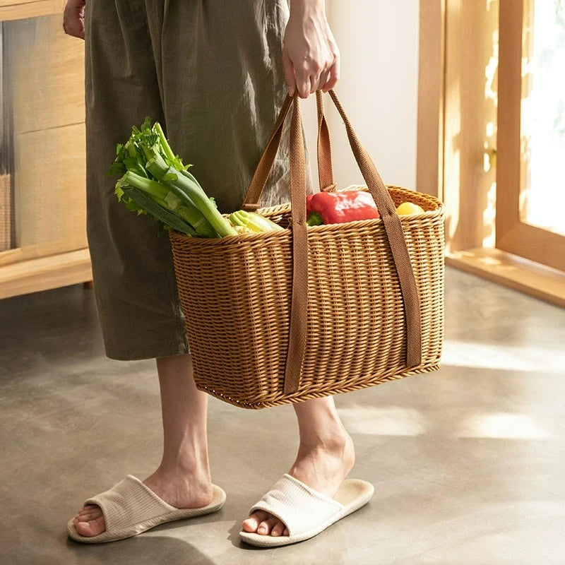 panier osier tressé marron clair poignées cuir traditionnel réutilisable rangement transport durable naturel simple