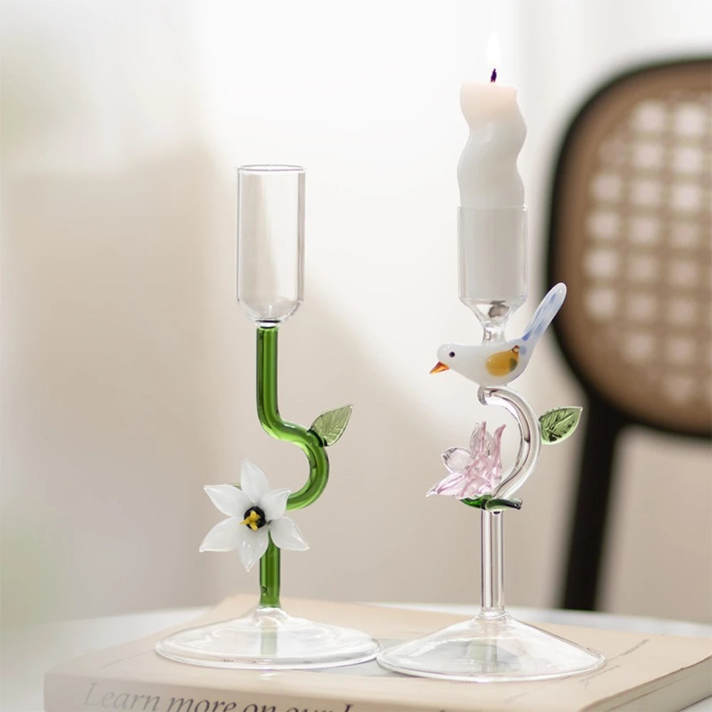 bougeoirs verre transparent motifs fleurs oiseaux décor intérieur artisanal naturel bougie