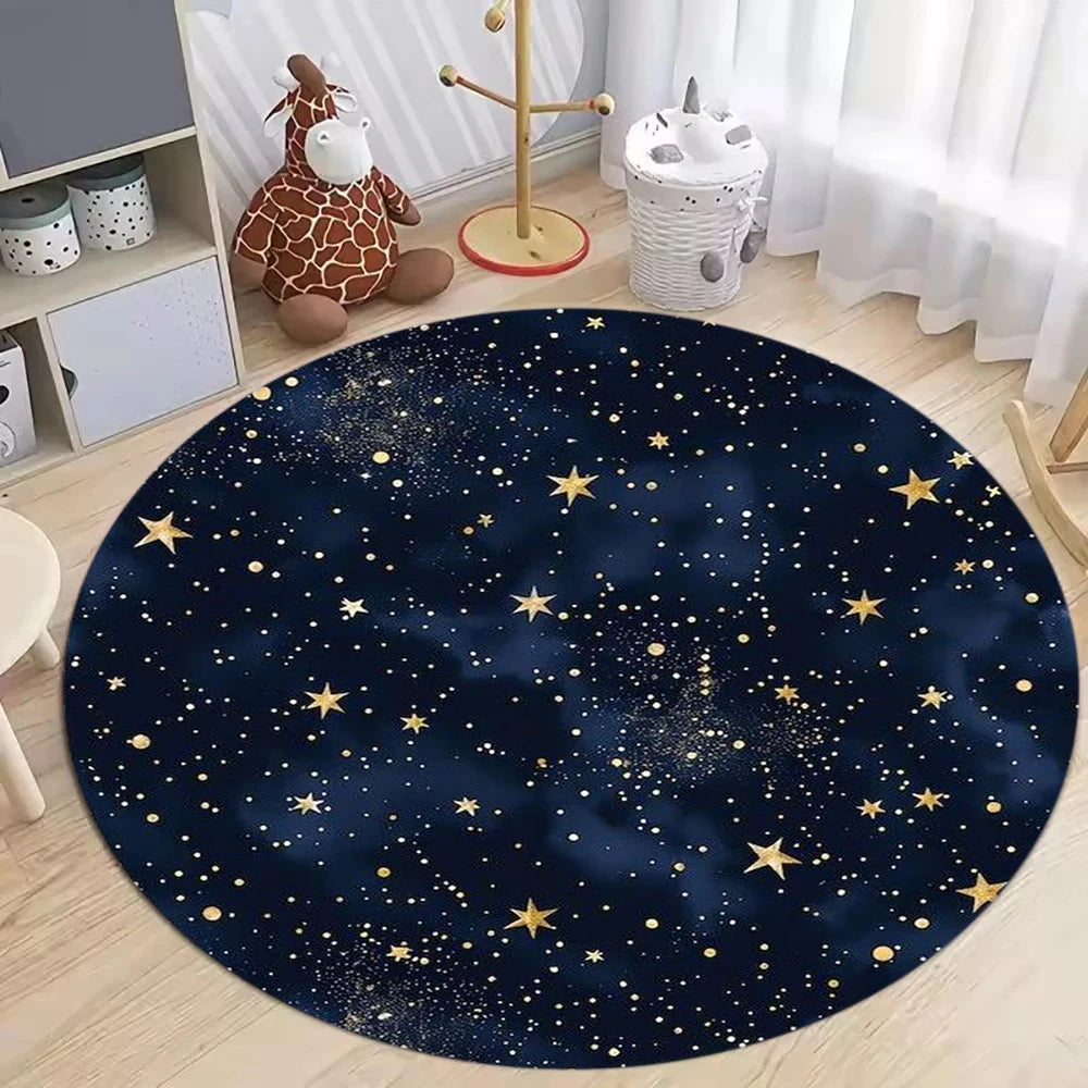 tapis rond moderne étoiles dorées bleu nuit noir blanc anti dérapant polyesterextérieur chambre