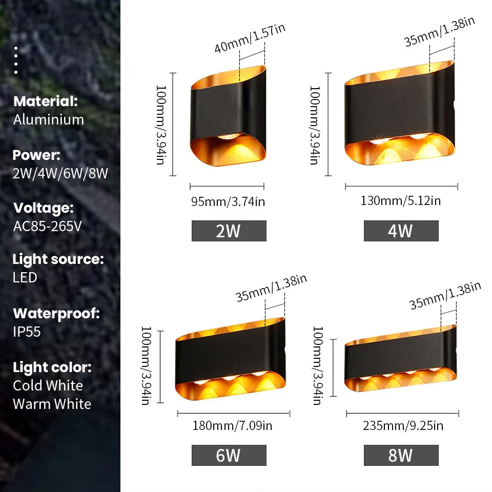 applique murale led moderne noir doré ip55 2w 4w 6w 8w blanc froid chaud