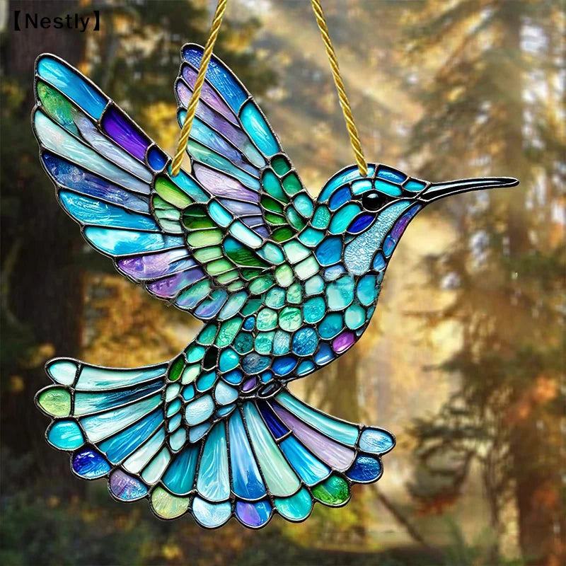 colibri bleu vert oiseau artisanal décoration suspendue chaîne métallique transparent stained glass mosaïque