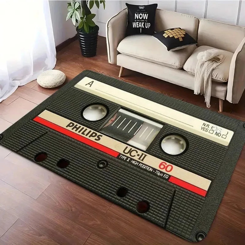 tapis sol rectangulaire motif cassette audio rétro vintage noir jaune vert blanc salon