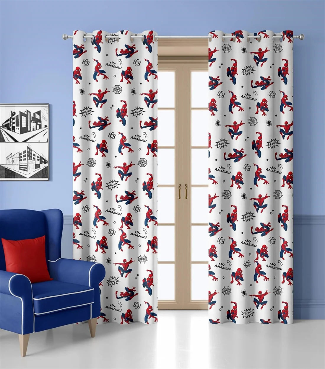 rideaux spider man blanc bleu rouge gris modernes opaques chambre yeux araignée occlusifs deux