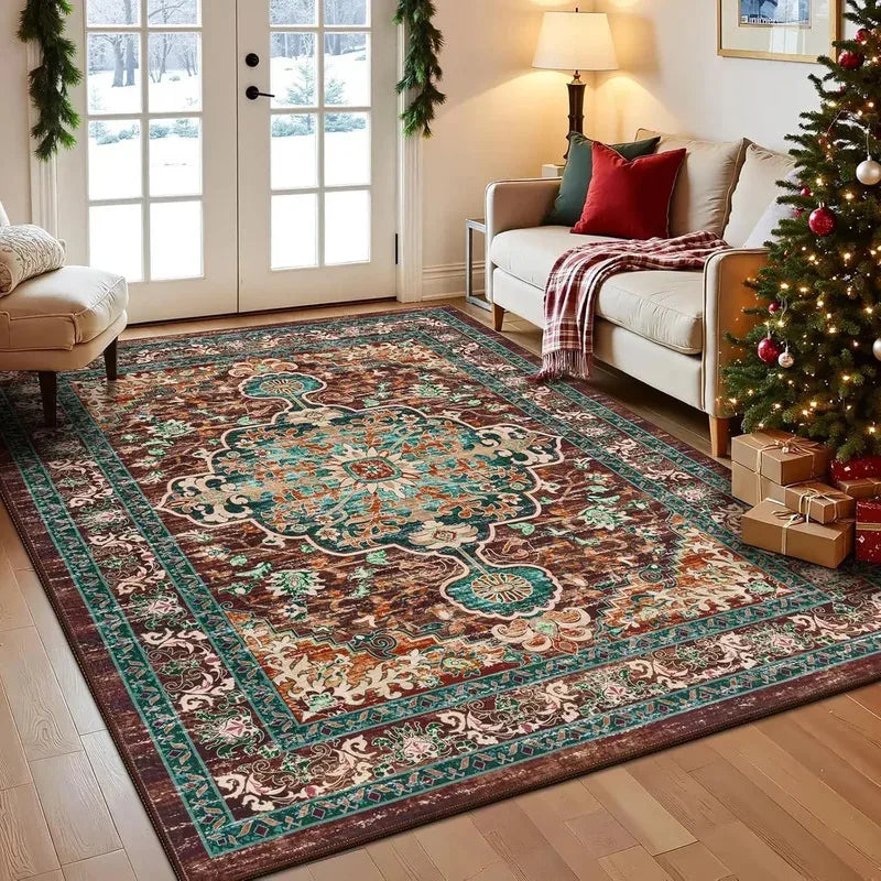 tapis marron bleu beige floral géométrique classique salon chambre 80x120cm