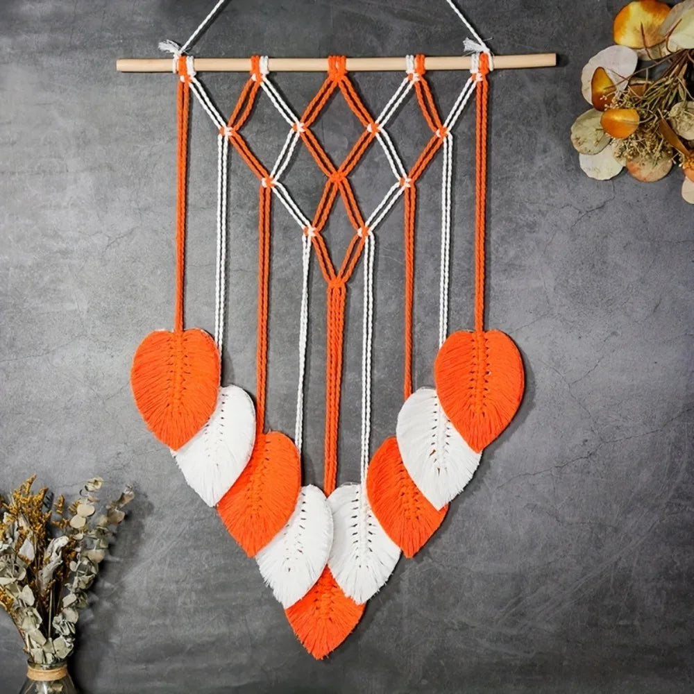 tapisserie boho chic macramé franges coeurs orange blanc bleu vert marron clair coton mur