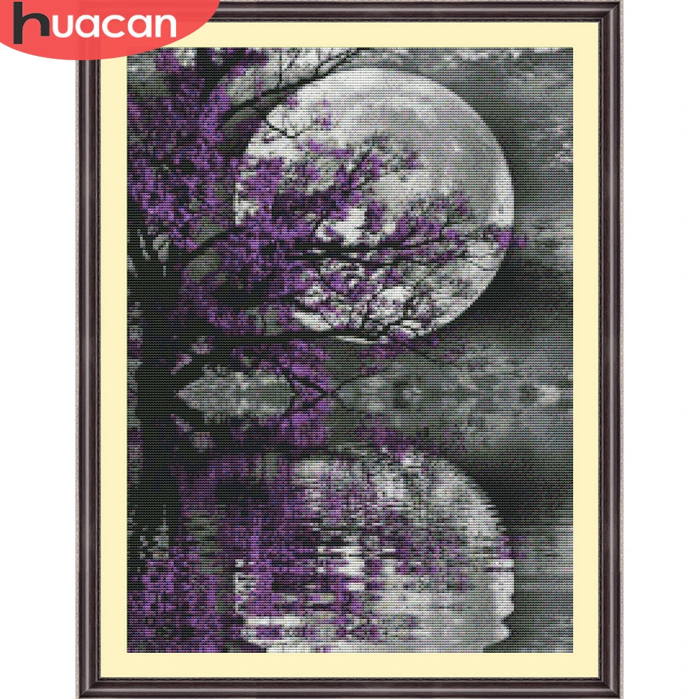 broderie arbre fleurs violettes toile coton 11ct paysage nuit cadres violet noir blanc