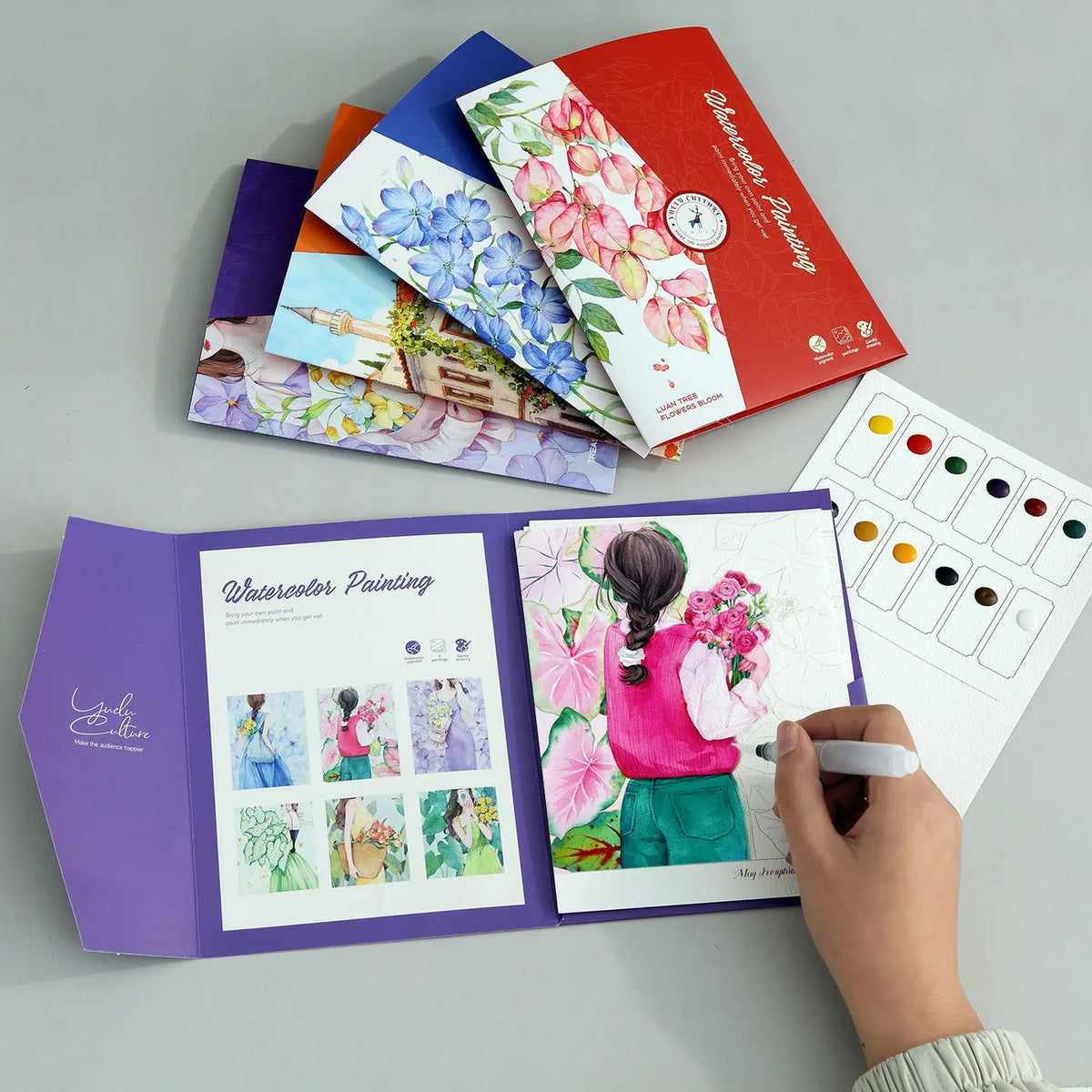 kit peinture aquarelle violet orange bleu rouge blanc fleurs paysages motifs floraux artiste débutants