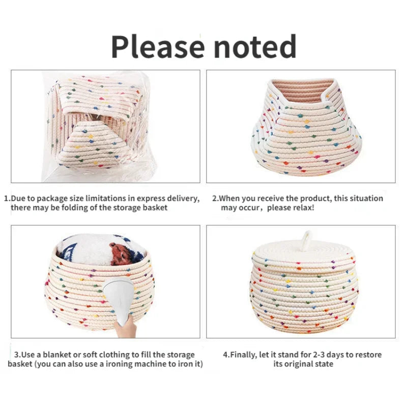 panier rangement coton tressé multicolore rustique poignée couvercle blanc points colorés hauteur 16cm 25cm