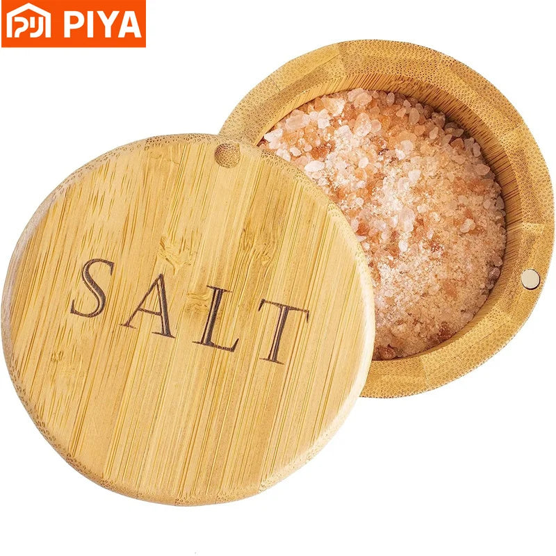 boîte sel bambou rayures horizontales aimant naturelle capacité 6oz classique cuisine organisation rustic