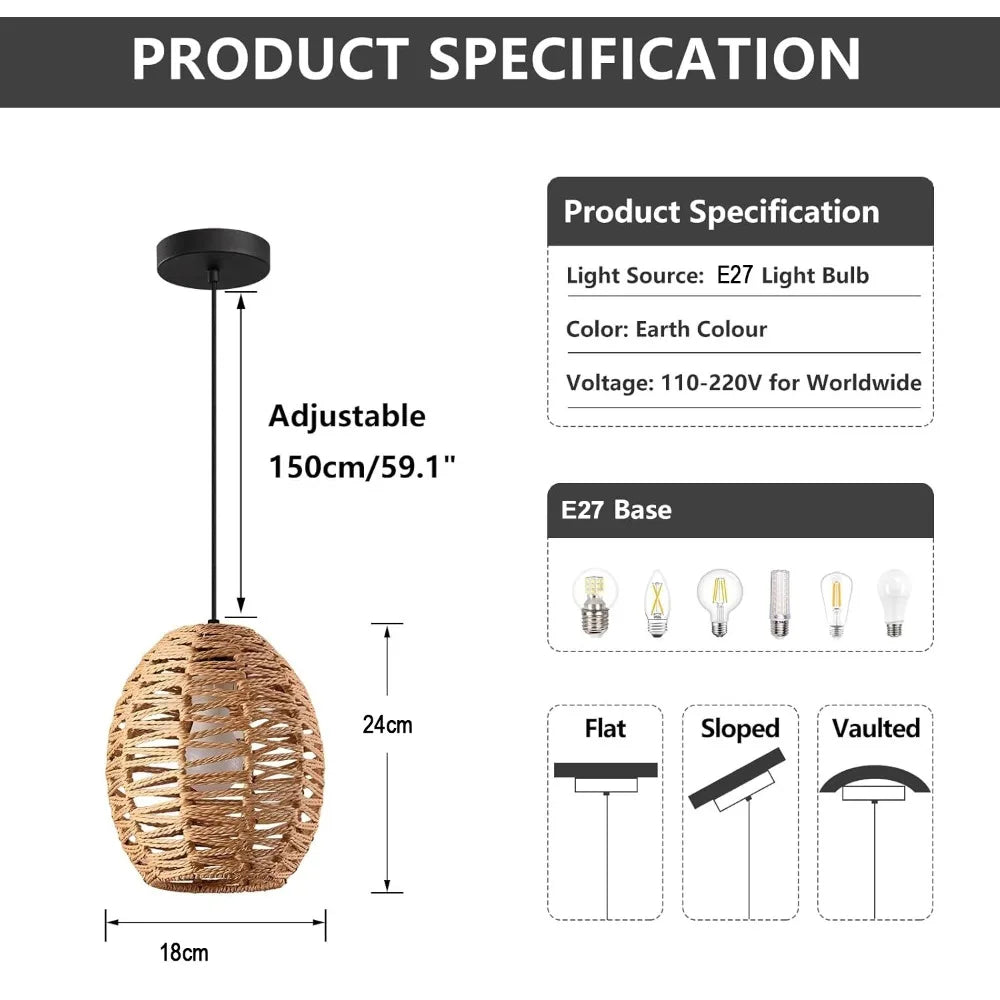 Suspension tissée moderne bambou marron clair câble ajustable salon chambre