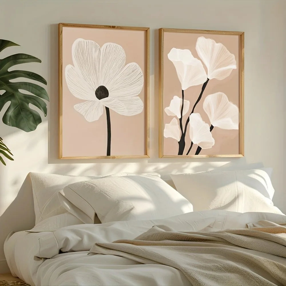 toile d'art minimaliste moderne fleurs stylisées abstrait beige blanc noir sans cadre