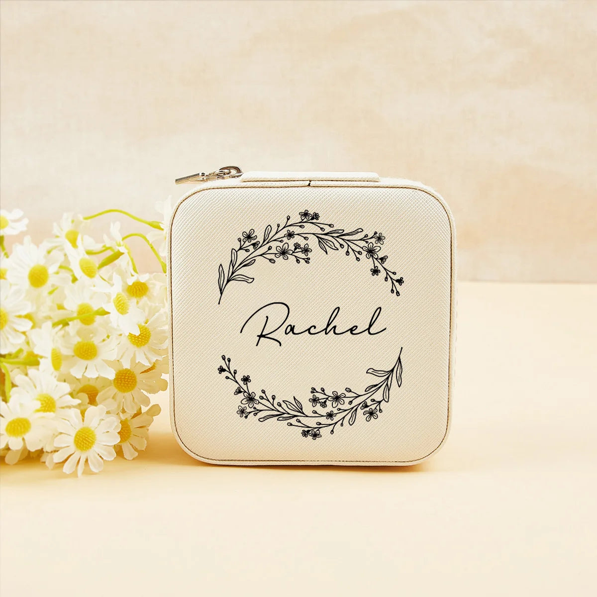 boîte bijoux personnalisation fleurs blanc rose vert moderne élégant zip 10x10cm