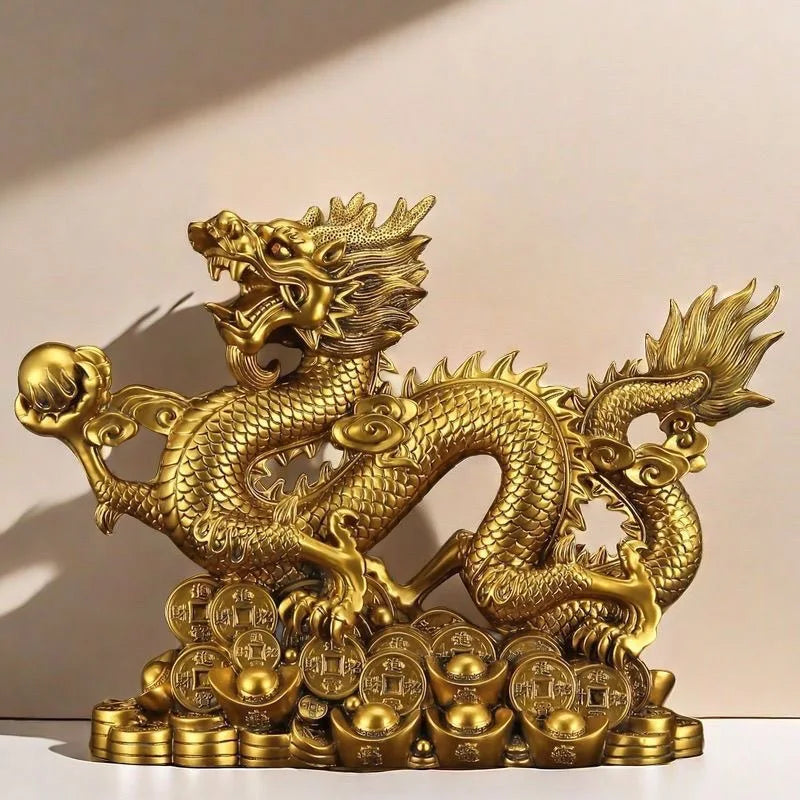 statue dragon doré feng shui pièce ancienne or rouge émailléintérieur décoration maison traditionnelle chinese