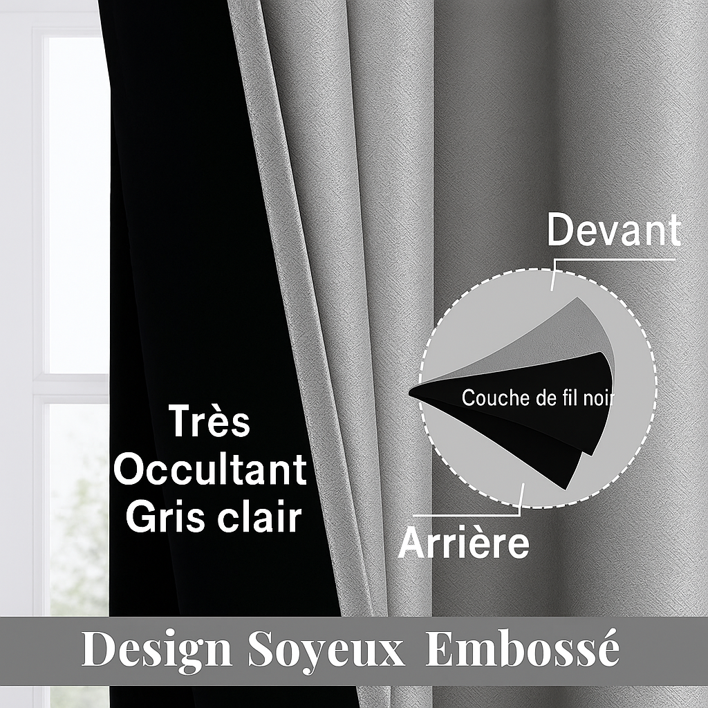 Gros plan sur la composition d’un rideau gris clair très occultant avec couche de fil noir et design soyeux embossé, idéal pour bloquer la lumière.