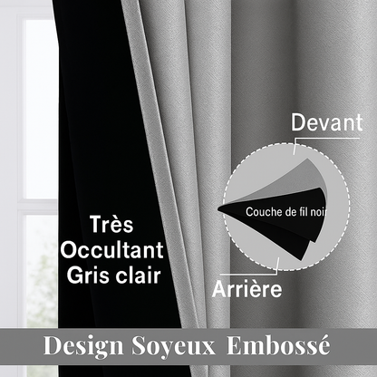 Gros plan sur la composition d’un rideau gris clair très occultant avec couche de fil noir et design soyeux embossé, idéal pour bloquer la lumière.
