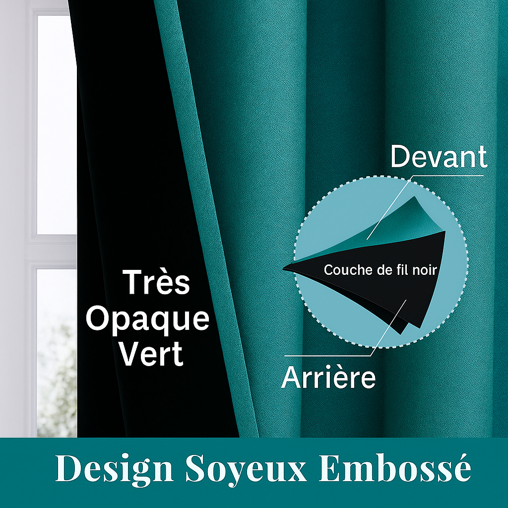 Illustration d’un rideau vert très opaque avec schéma montrant sa doublure noire thermique en couches superposées pour un effet occultant renforcé.