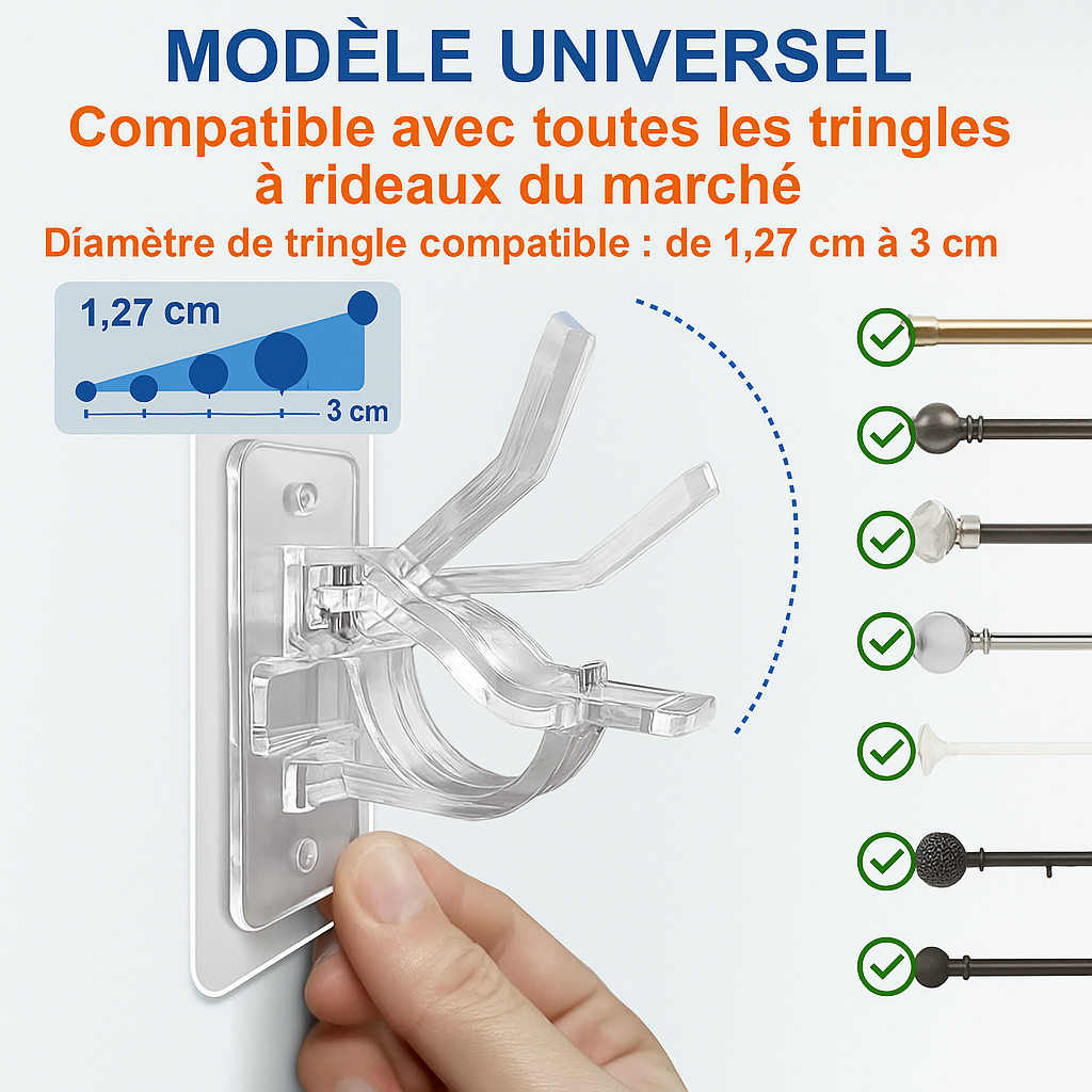 Support adhésif transparent compatible avec des tringles de 1,27 à 3 cm, montage facile sur toute surface.