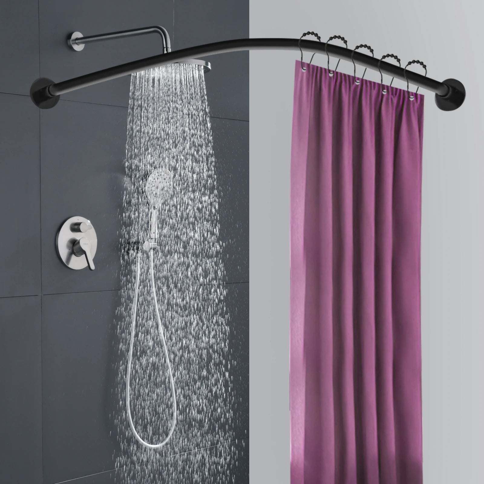 Tringle de douche noire installée dans un angle de salle de bain avec rideau prune sous une douche en marche
