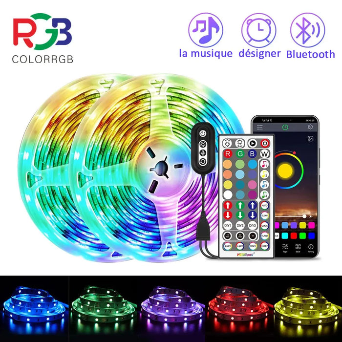 Ruban LED mural RGB 5050 allumé avec couleurs vives dans une chambre