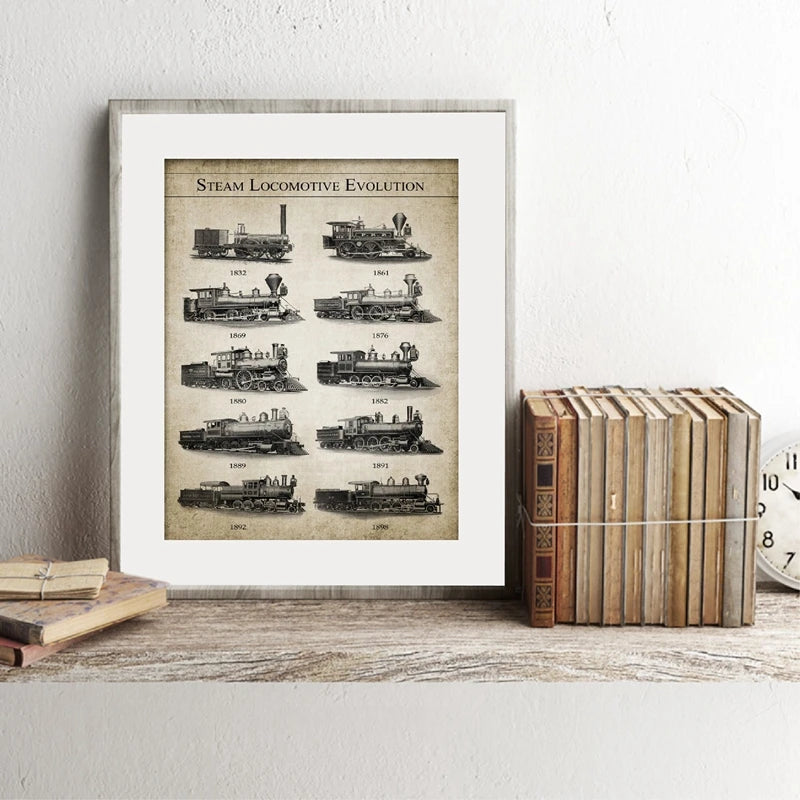 affiche imprimée vintage trains historiques illustration monochrome salon chambreOpaque