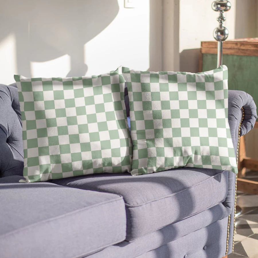 housse coussin velours carreaux vert clair blanc moderne nordique décoration intérieure lit canapé salon