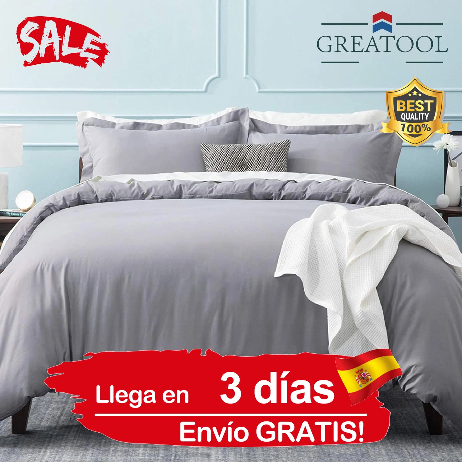 Lot de 3 housses de couette unis en coton doux pose sur un lit